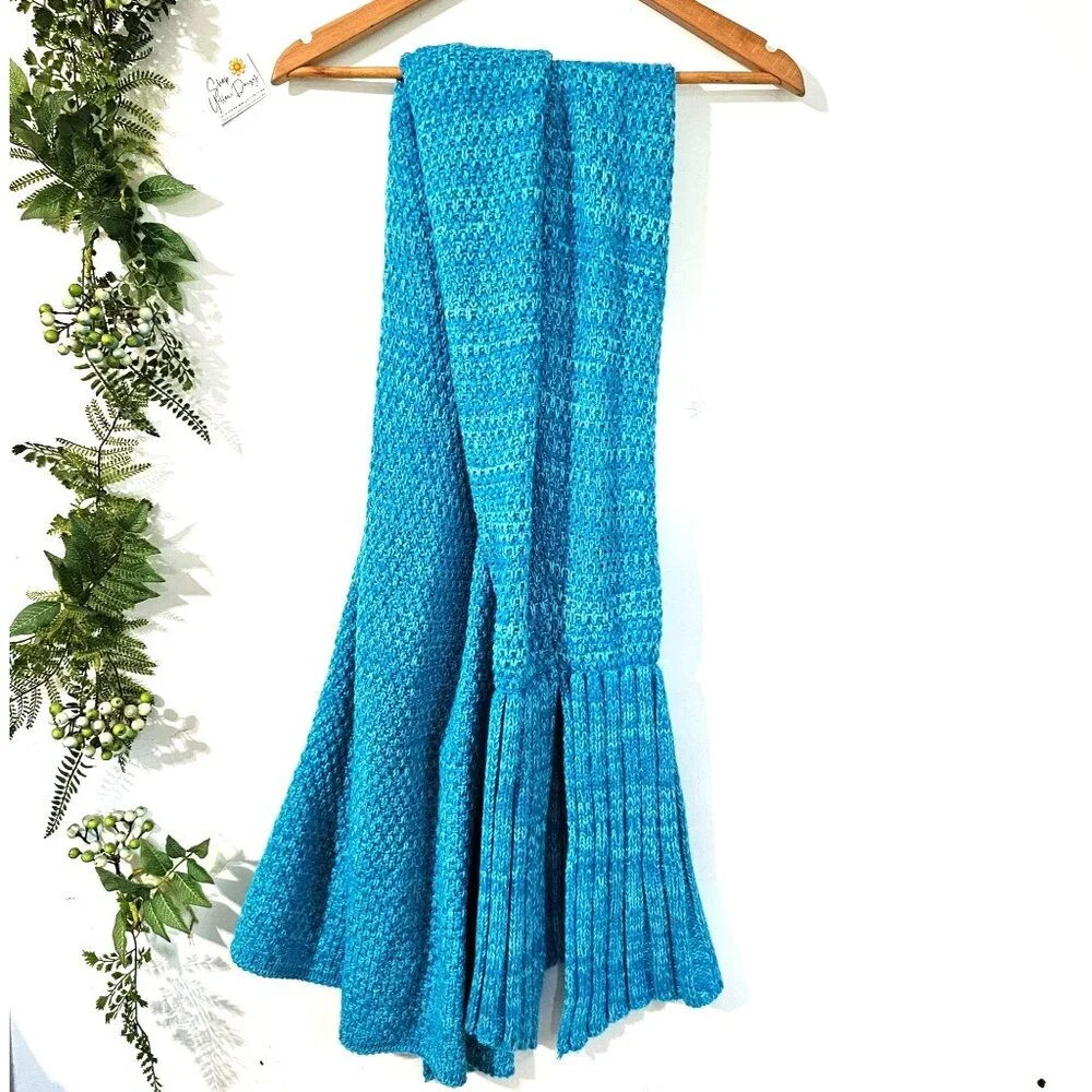 Adult Mermaid Tail Blanket Blue Knit Crochet Style Sleep Sack Loungewear 70in